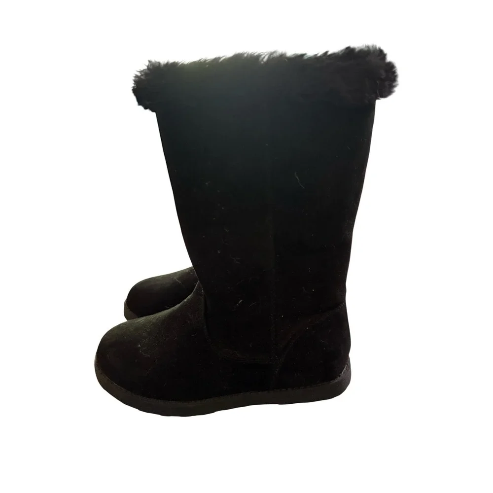 Cat & Jack Girls Black Faux Suede Winter Boots Faux Fur Trim Size 1 NWT